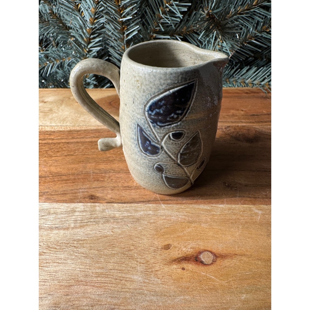 Handmade Studio Pottery Pitcher Small Beige Blue Leaf Stoneware Creamer 4in
